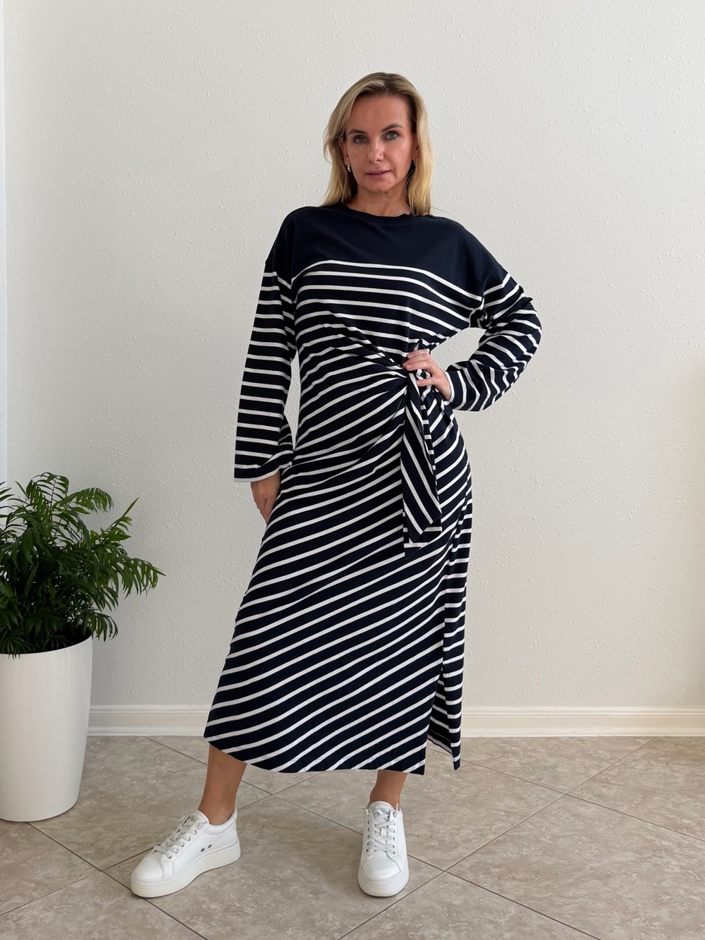 Madewell Side-Tie Knit Maxi Dress Navy White Stripe M NWT $118